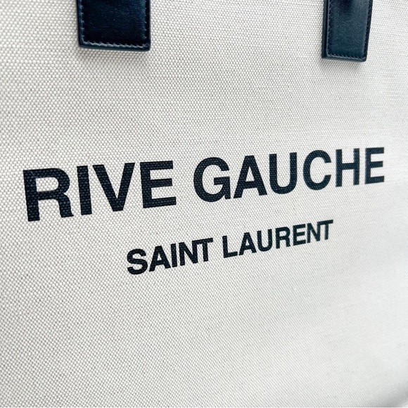 Saint Laurent Rive Gauche North South Linen and Leather Tote White Black Bag - Picture 6 of 13